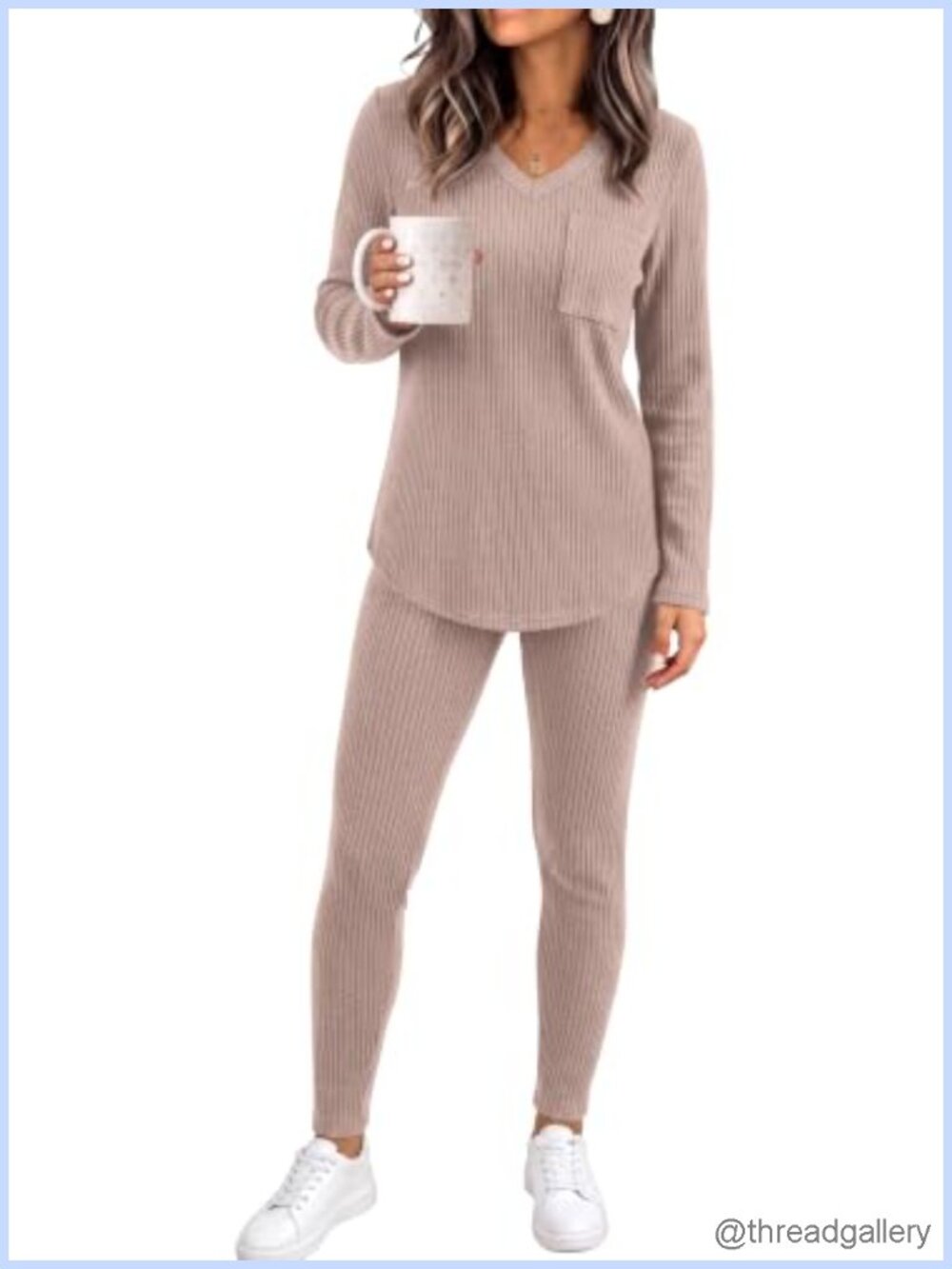 Women's 2 Piece Lounge Set Long Sleeve V-Neck Top and Fitted Pants